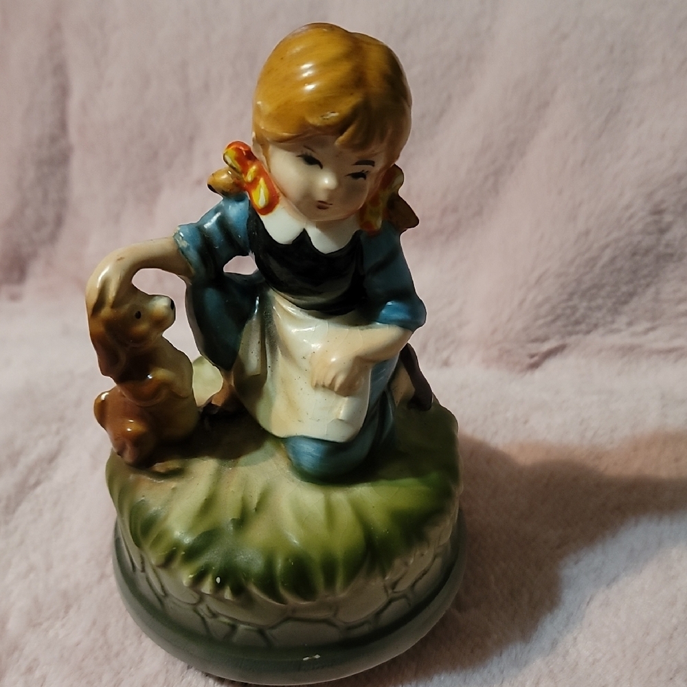 Charming Girl and Dog Sculpture - Blue and Brown